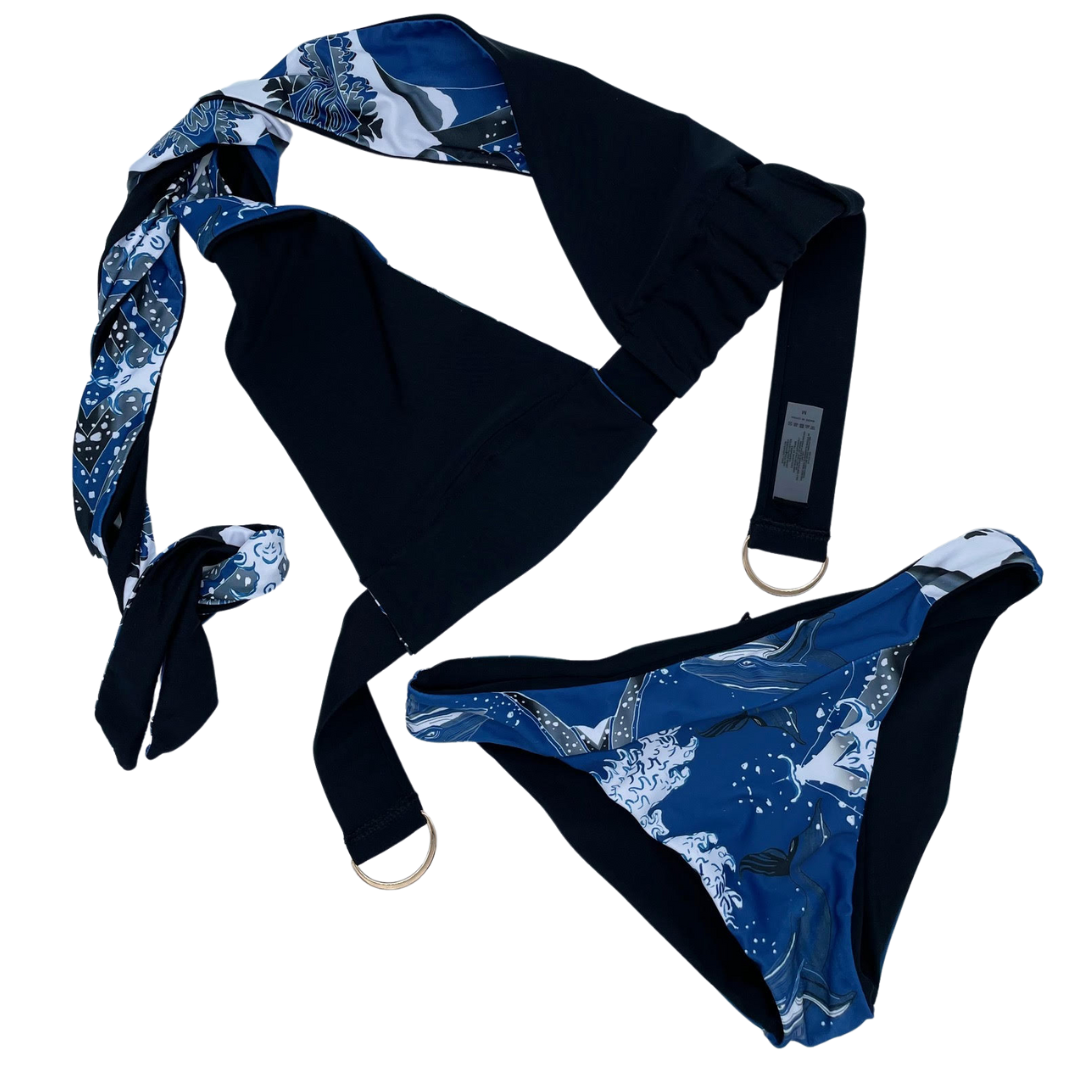 Bikini Comfort top black moderate coverage bottom comfort support for large bust big boobs whale print - Lemonkini