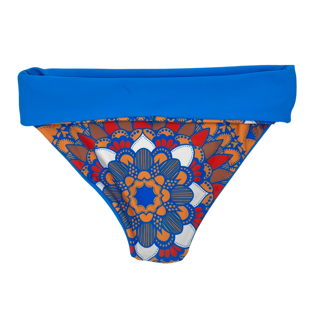 High Waist Reversible Bikini Bottom Retro Print Fold Over Waistband Back View - Lemonkini