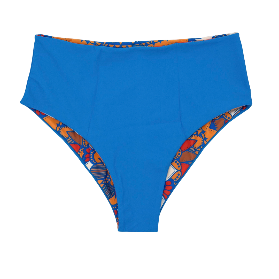 High Waist Reversible Bikini Bottom Azure Blue Front View- Lemonkini