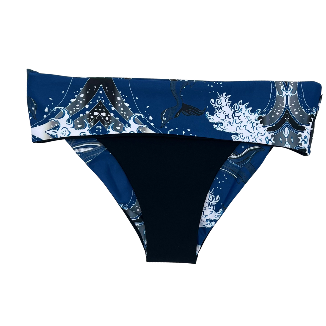 High Waist Reversible Bikini Bottom Black Folded Waistband Front View - Lemonkini