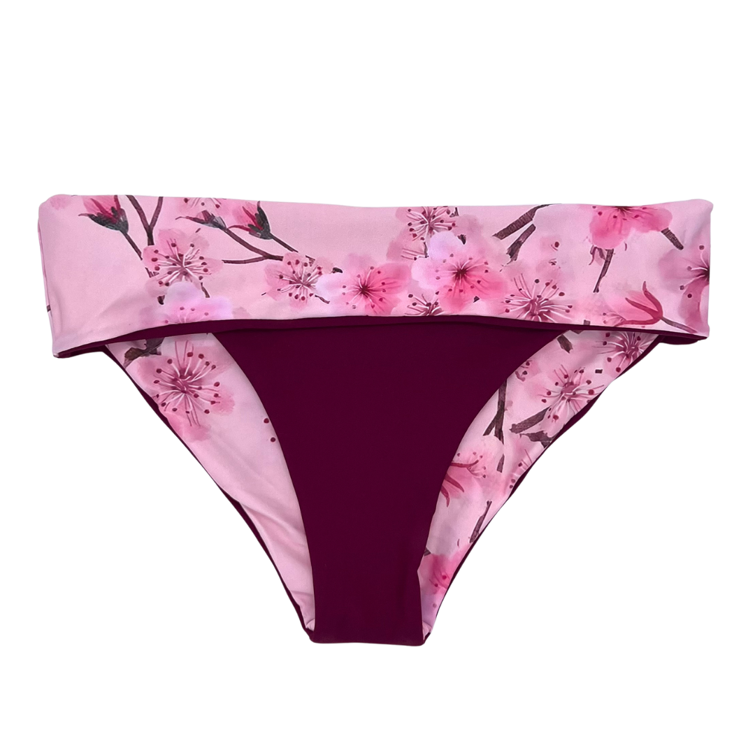 High Waist Reversible Bikini Bottom Cerise Fold Over Waistband Back View - Lemonkini