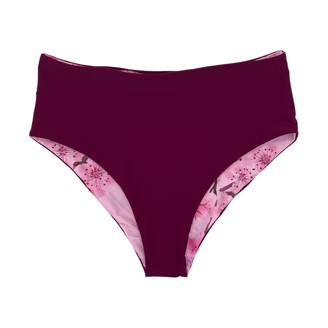 High Waist Reversible Bikini Bottom Cerise Front View  - Lemonkini