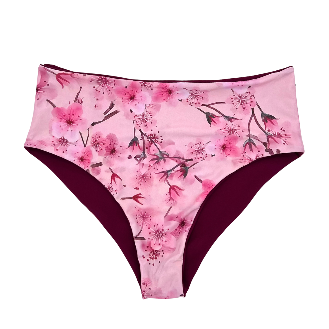 High Waist Reversible Bikini Bottom Cherry Blossom Print Back View  - Lemonkini