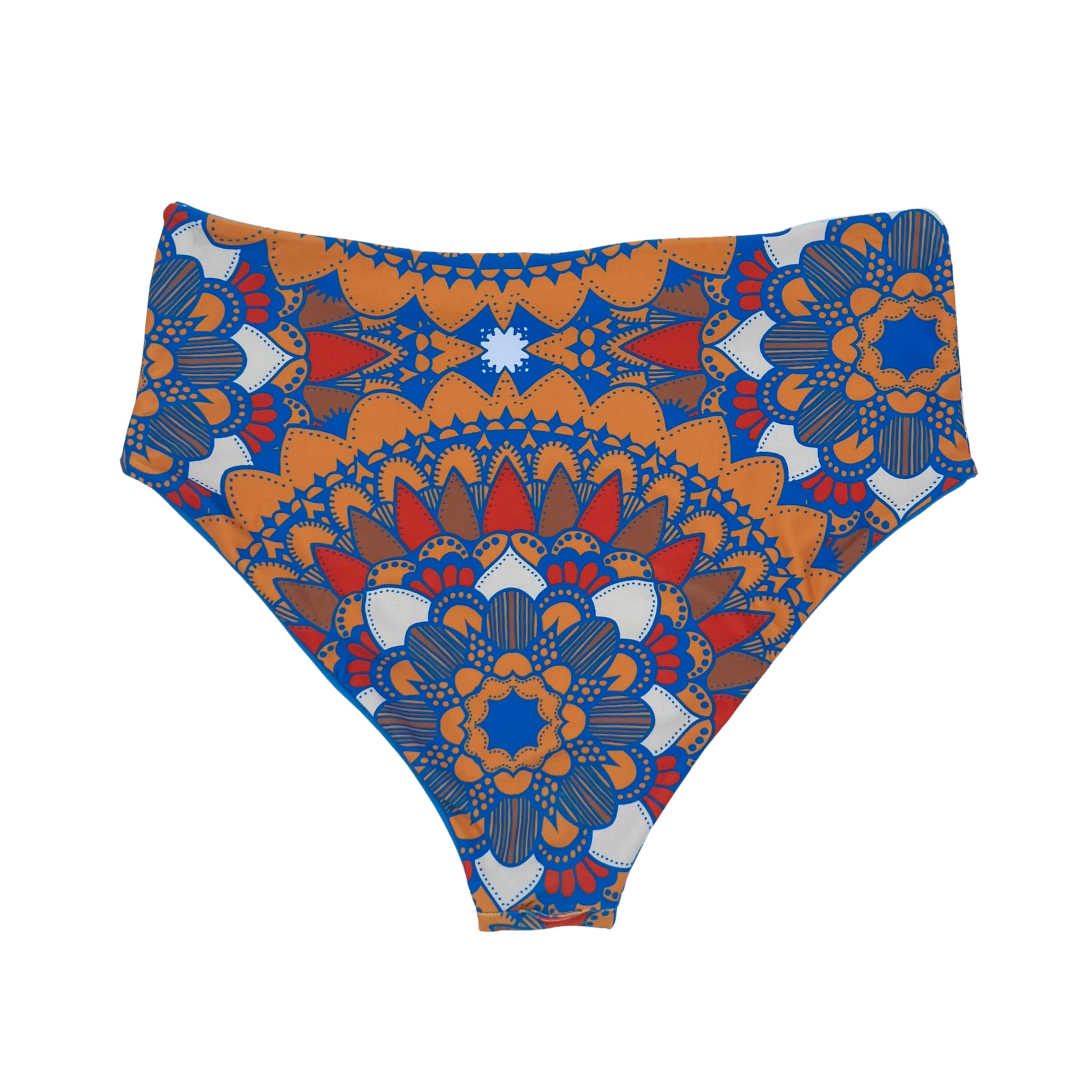 High Waist Reversible Bikini Bottom Retro Print Back View  - Lemonkini