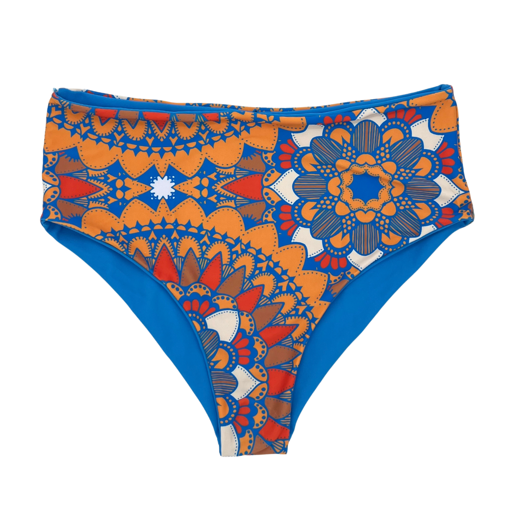 High Waist Reversible Bikini Bottom Retro Print Front View - Lemonkini