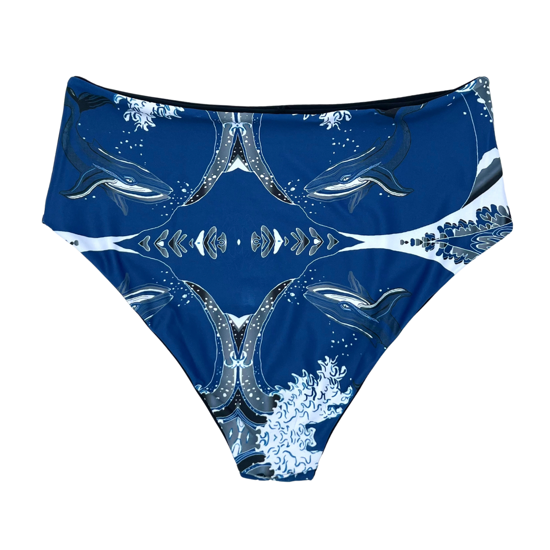 High Waist Reversible Bikini Bottom Whale Print Back View - Lemonkini
