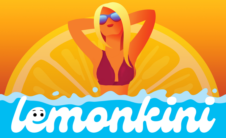 Lemonkini logo with woman wearing bikini top at the beach in the sun