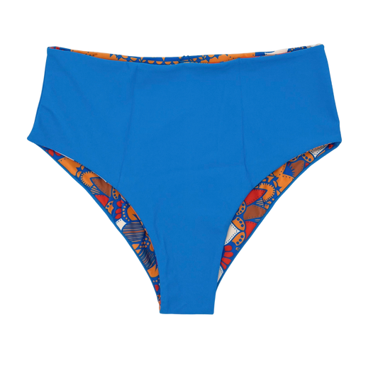 High Waist Reversible Bikini Bottom Azure Blue Front View- Lemonkini