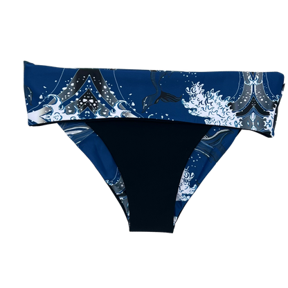 High Waist Reversible Bikini Bottom Black Folded Waistband Front View - Lemonkini