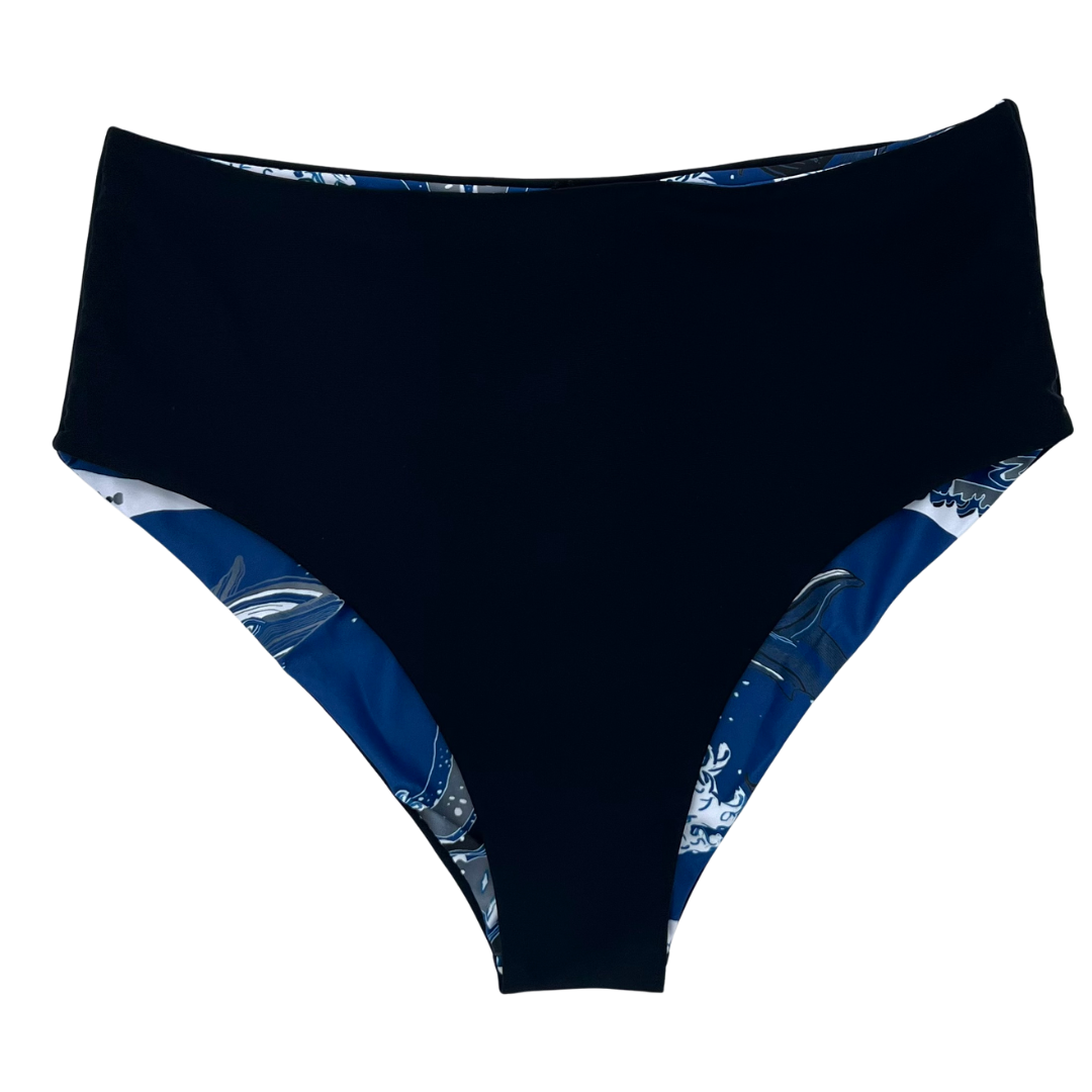 High Waist Reversible Bikini Bottom Black Front View - Lemonkini