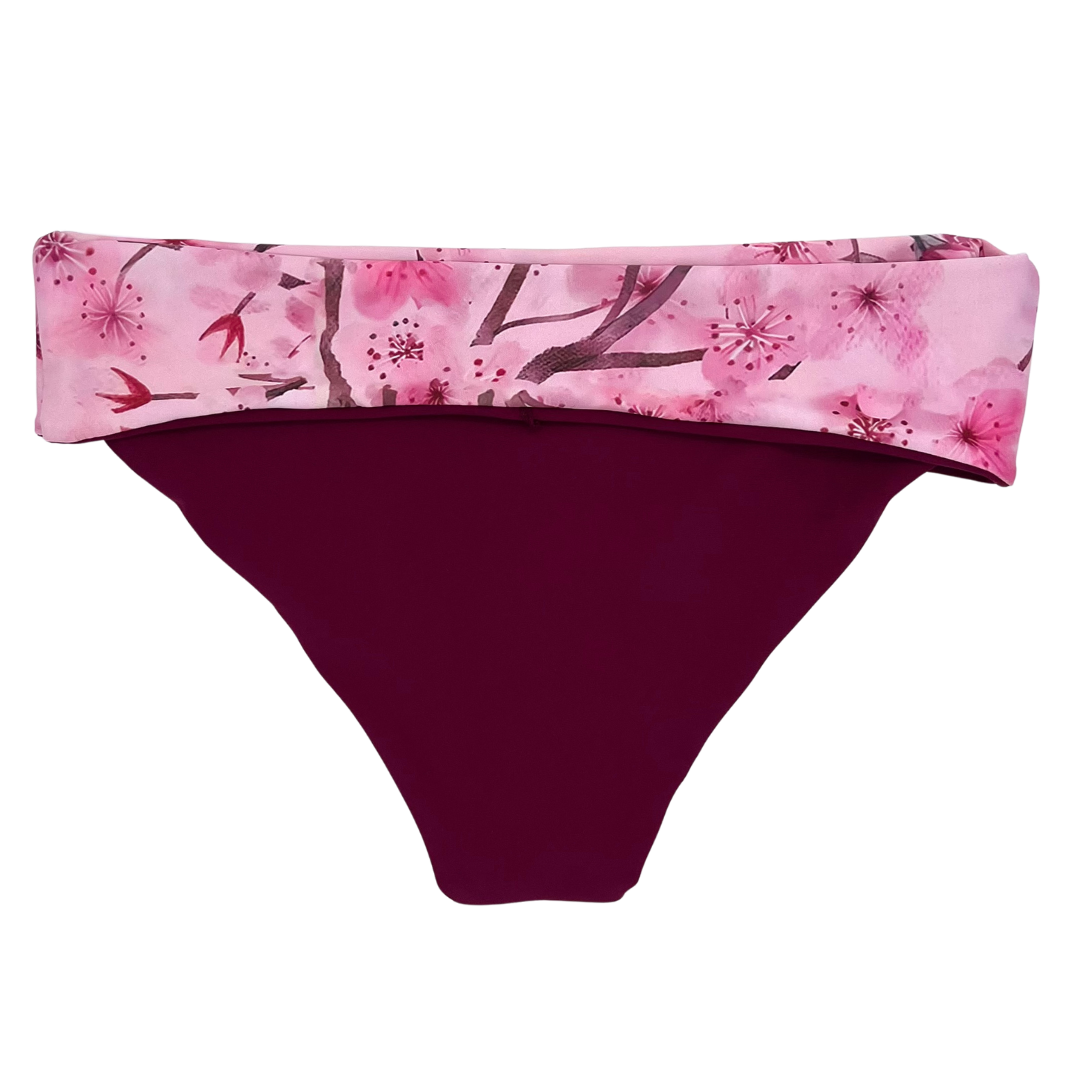 High Waist Reversible Bikini Bottom Cerise Fold Over Waistband Back View - Lemonkini