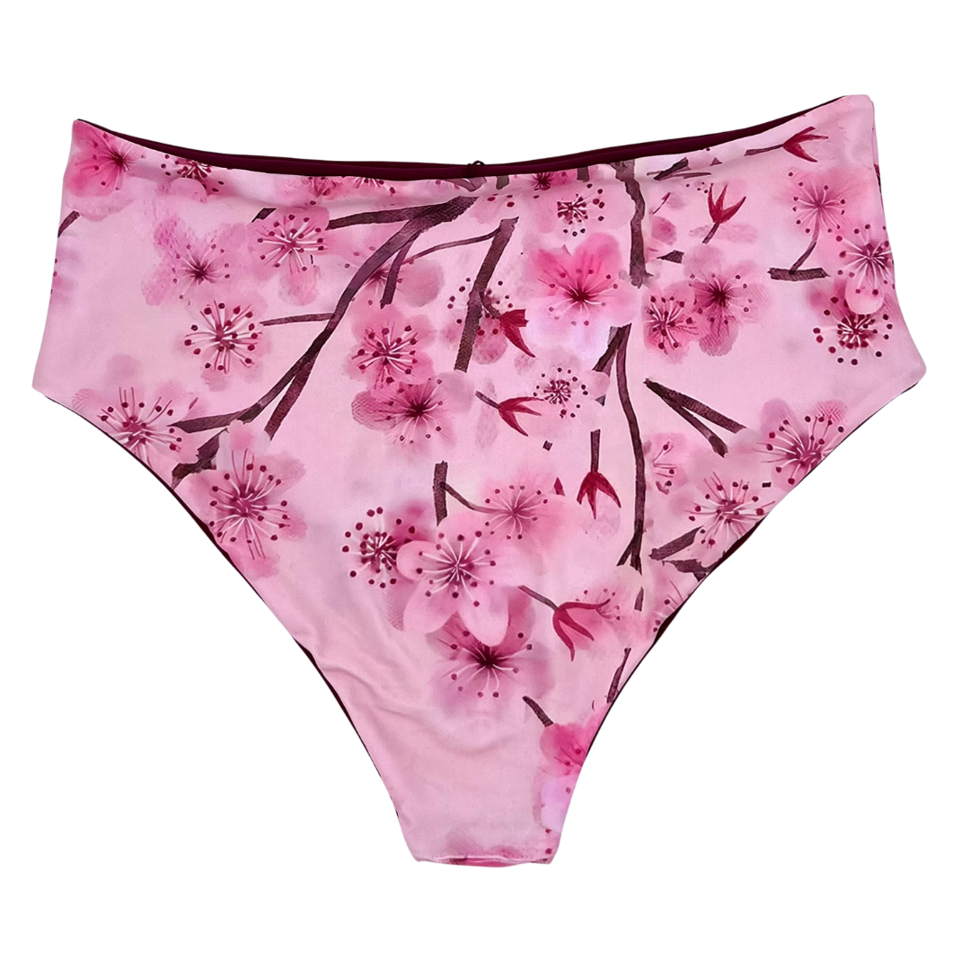 High Waist Reversible Bikini Bottom Cherry Blossom Print Back View  - Lemonkini