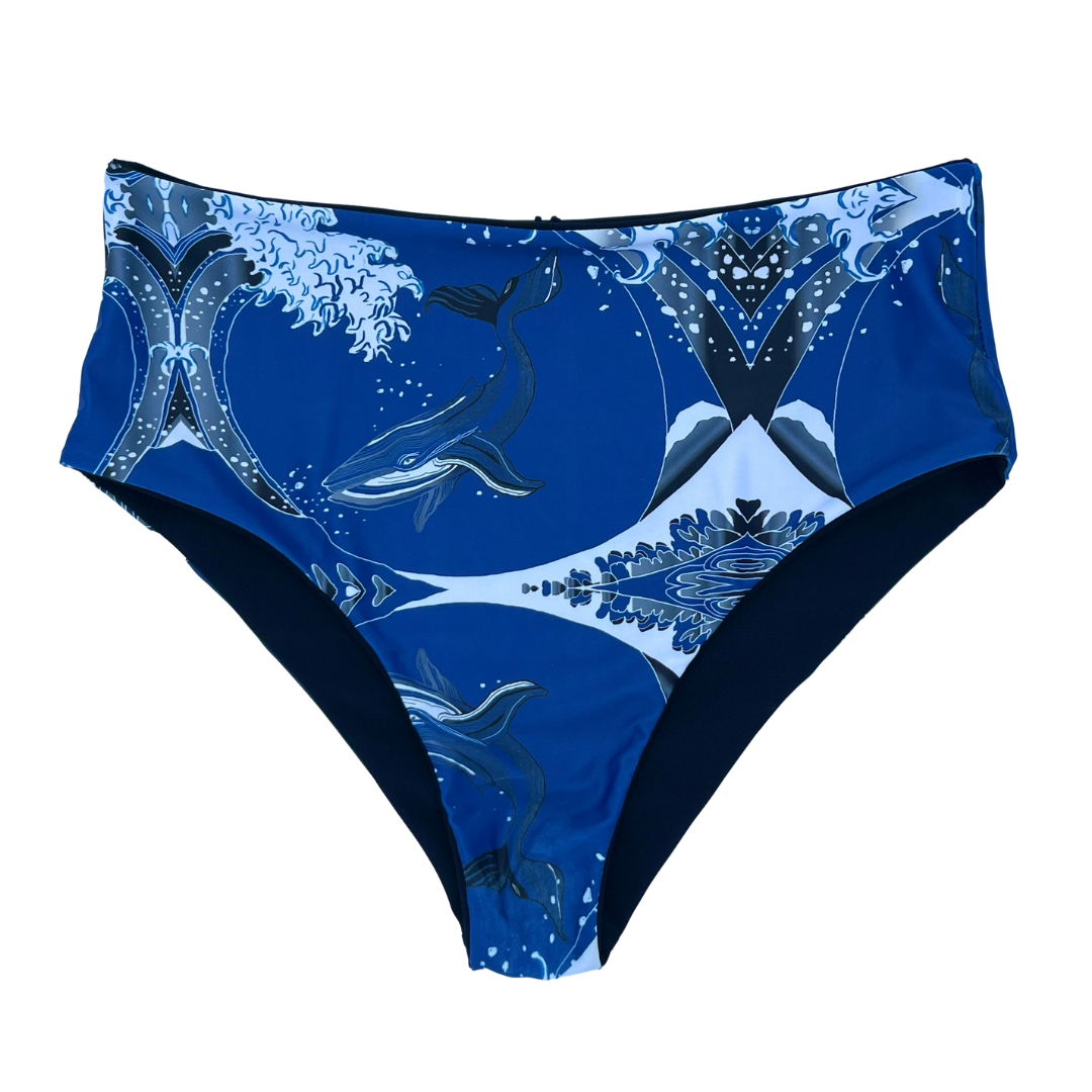 High Waist Reversible Bikini Bottom Whale Print Front View - Lemonkini
